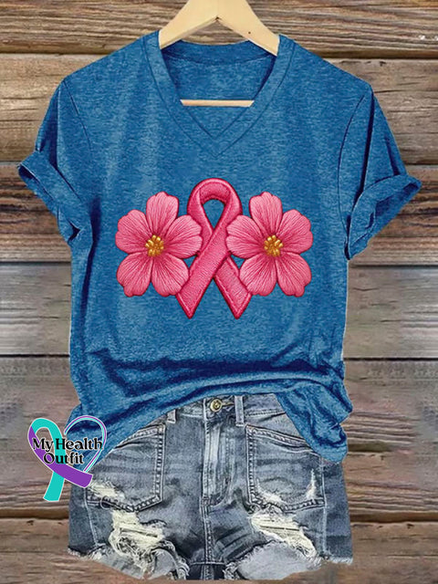 Breast Cancer Awareness Art Print Casual V-neck Cotton T-Shirt Blue / S