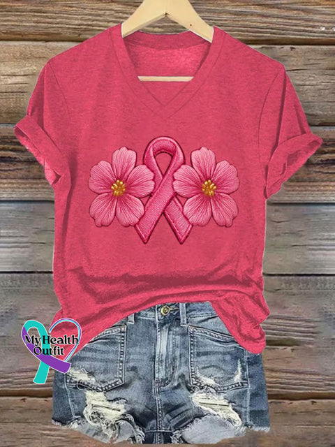 Breast Cancer Awareness Art Print Casual V-neck Cotton T-Shirt DarkPink / S