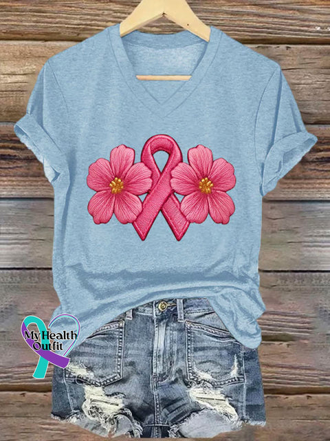 Breast Cancer Awareness Art Print Casual V-neck Cotton T-Shirt LightBlue / S