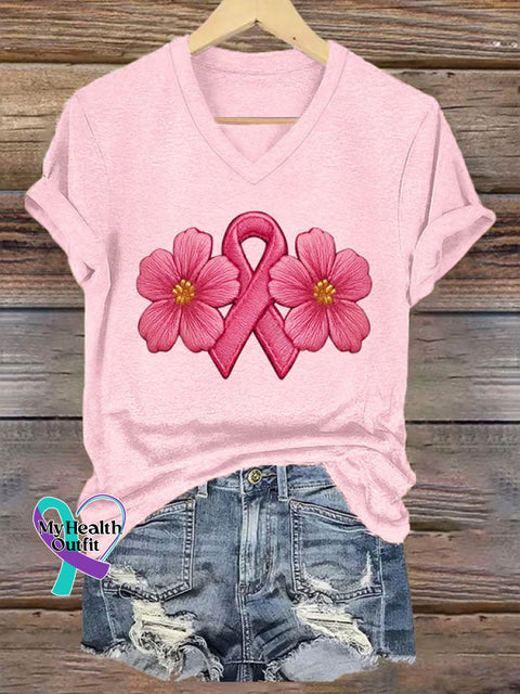 Breast Cancer Awareness Art Print Casual V-neck Cotton T-Shirt Pink / S