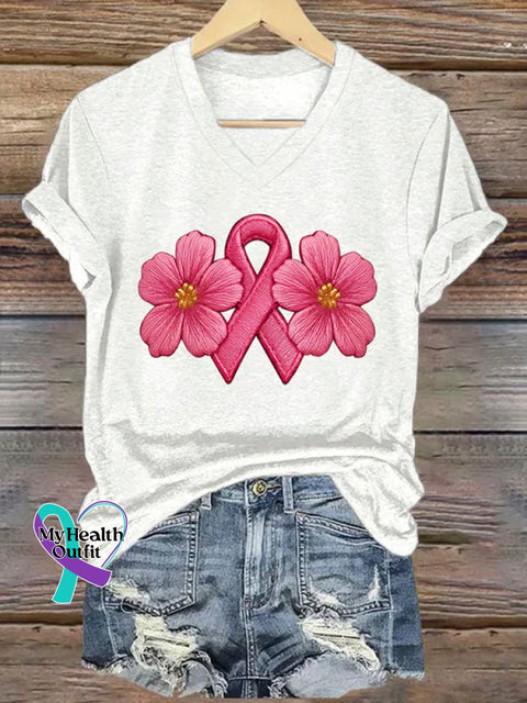 Breast Cancer Awareness Art Print Casual V-neck Cotton T-Shirt White / S