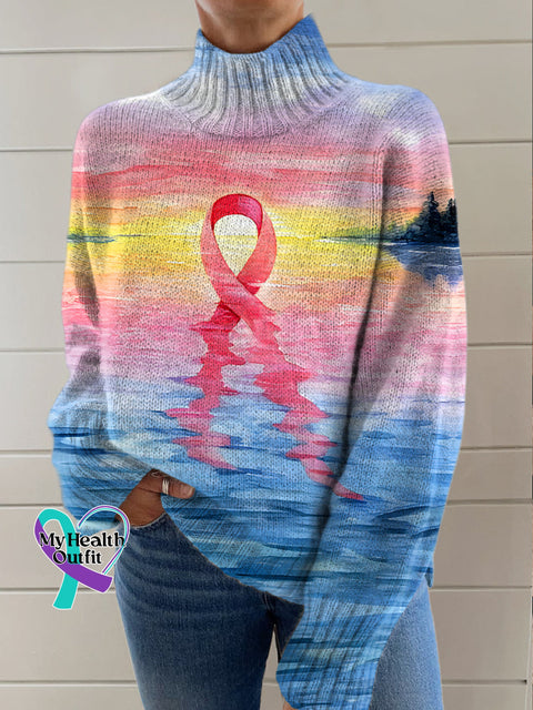 Breast Cancer Awareness Art Print Knit Turtleneck Pullover Sweater Multicolor / S