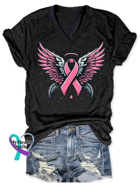 Breast Cancer Awareness Art V-neck Casual T-Shirt Black / S