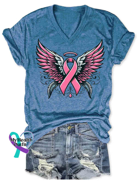 Breast Cancer Awareness Art V-neck Casual T-Shirt Blue / S