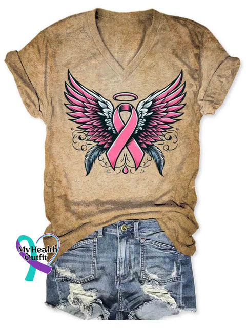 Breast Cancer Awareness Art V-neck Casual T-Shirt Khaki / S