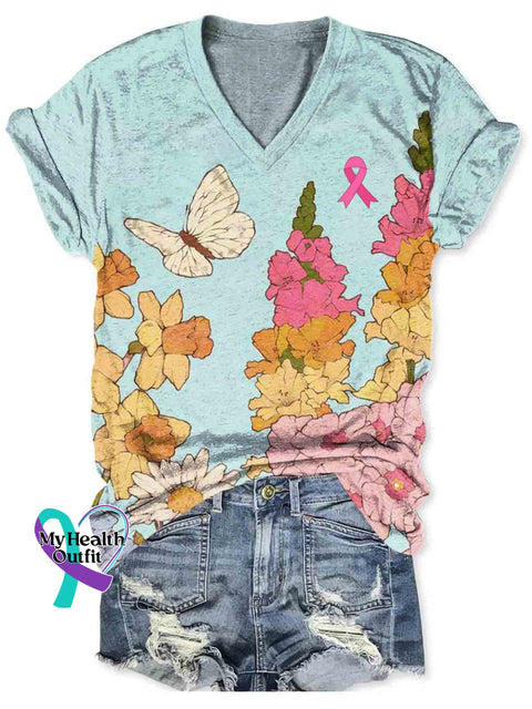 Breast Cancer Awareness Art V-neck Casual T-Shirt Multicolor / S