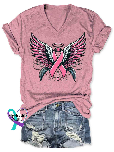 Breast Cancer Awareness Art V-neck Casual T-Shirt Pink / S