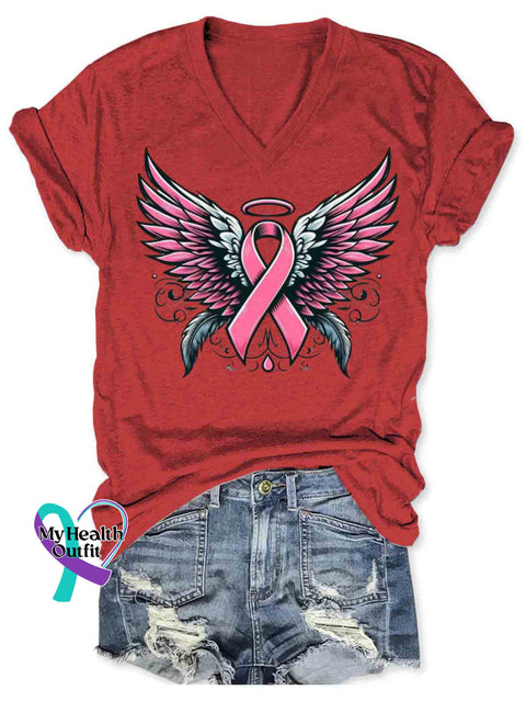 Breast Cancer Awareness Art V-neck Casual T-Shirt Red / S
