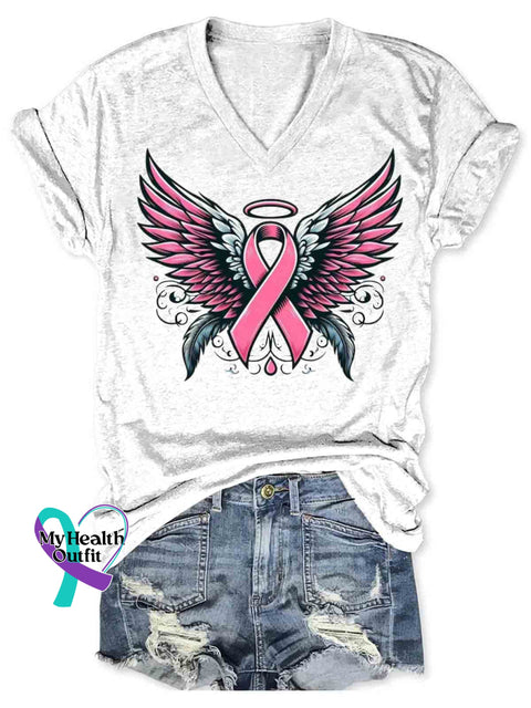 Breast Cancer Awareness Art V-neck Casual T-Shirt White / S