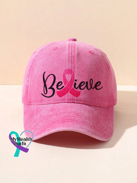 Breast Cancer Awareness Believe Inspirational Pink Ribbon Print Hats / Onesize