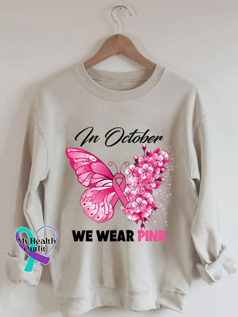 Breast Cancer Awareness Butterfly In October We Wear Pink Print Sweatshirt Apricot / S