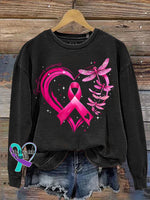 Breast Cancer Awareness Dragonfly Heart Print Casual Sweatshirt Black / S
