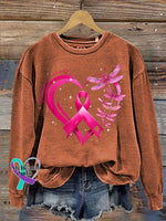 Breast Cancer Awareness Dragonfly Heart Print Casual Sweatshirt Orange / S
