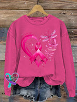 Breast Cancer Awareness Dragonfly Heart Print Casual Sweatshirt Pink / S
