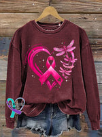 Breast Cancer Awareness Dragonfly Heart Print Casual Sweatshirt Red / S