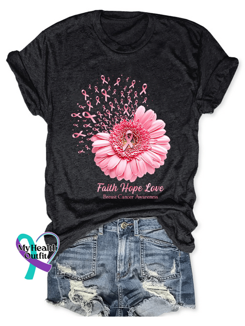 Breast Cancer Awareness Faith Hope Love Daisy Flower Ribbon Print T-Shirt Black / S