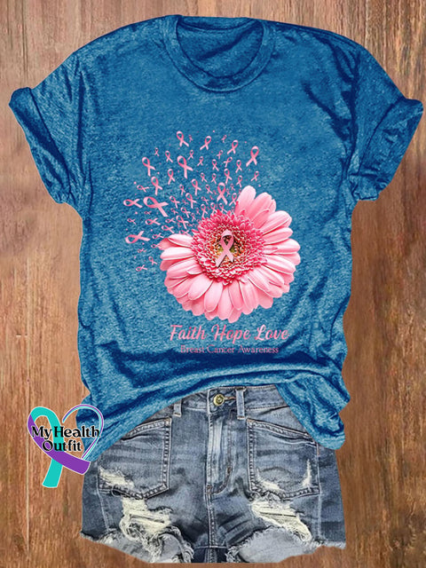 Breast Cancer Awareness Faith Hope Love Daisy Flower Ribbon Print T-Shirt Blue / S