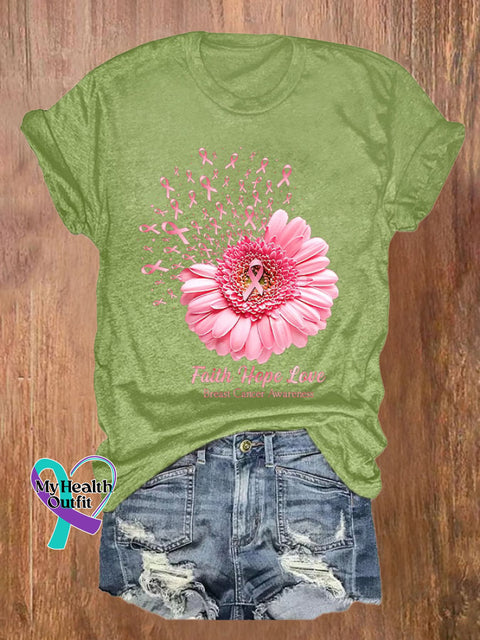 Breast Cancer Awareness Faith Hope Love Daisy Flower Ribbon Print T-Shirt Green / S