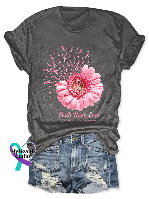 Breast Cancer Awareness Faith Hope Love Daisy Flower Ribbon Print T-Shirt Grey / S