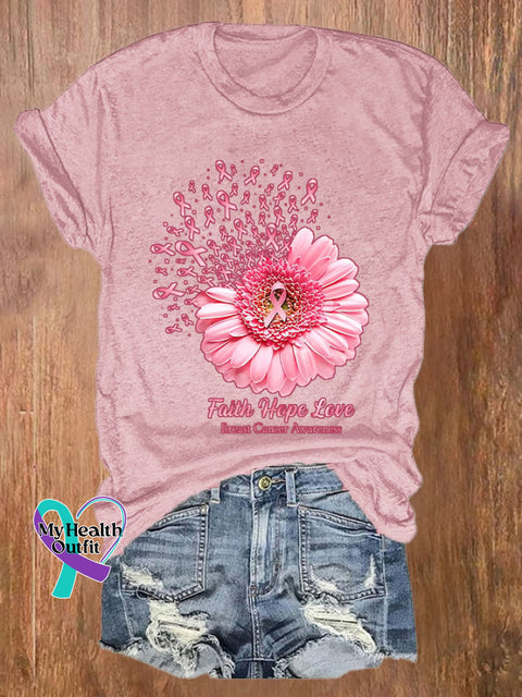 Breast Cancer Awareness Faith Hope Love Daisy Flower Ribbon Print T-Shirt Pink / S