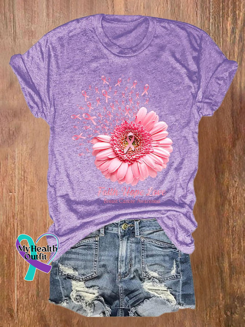 Breast Cancer Awareness Faith Hope Love Daisy Flower Ribbon Print T-Shirt Purple / S