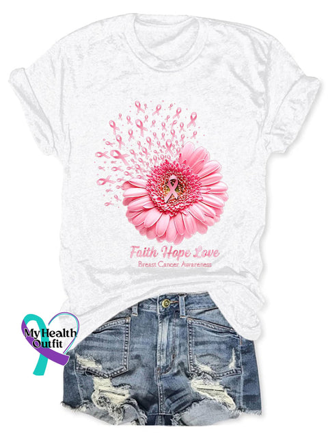 Breast Cancer Awareness Faith Hope Love Daisy Flower Ribbon Print T-Shirt White / S