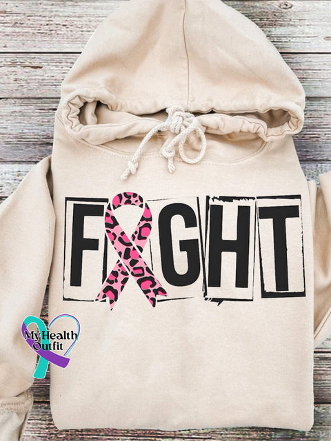 Breast Cancer Awareness Fight Pink Ribbon Print Casual Hooded Sweatshirt Beige / S