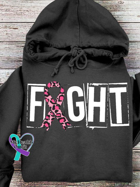 Breast Cancer Awareness Fight Pink Ribbon Print Casual Hooded Sweatshirt Black / S