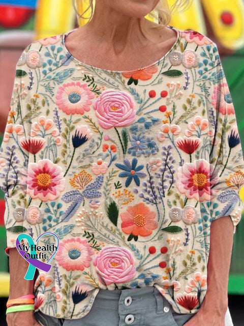 Breast Cancer Awareness Flora Art Print Casual Long Sleeve T shirt Multicolor / S