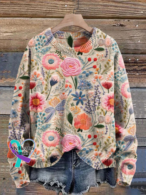 Breast Cancer Awareness Flora Art Print Knit Pullover Sweater Multicolor / S