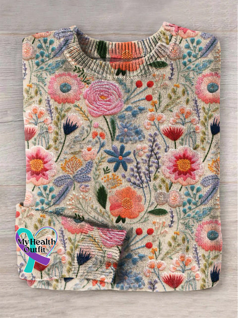 Breast Cancer Awareness Flora Art Print Knit Pullover Sweater Multicolor / S
