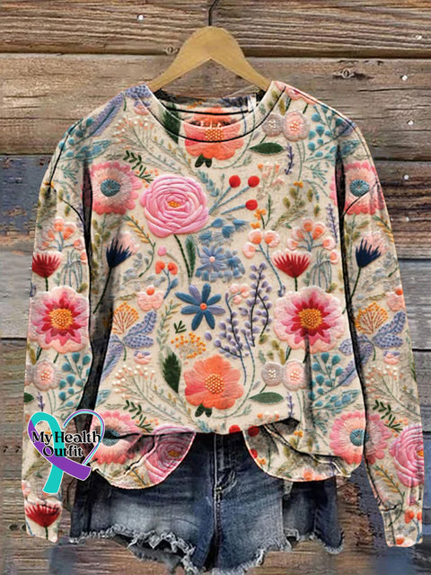 Breast Cancer Awareness Flora Art Print Knit Pullover Sweater Sweatshirt / S
