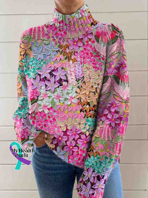 Breast Cancer Awareness Flora Art Print Knit Turtleneck Pullover Sweater Multicolor / S