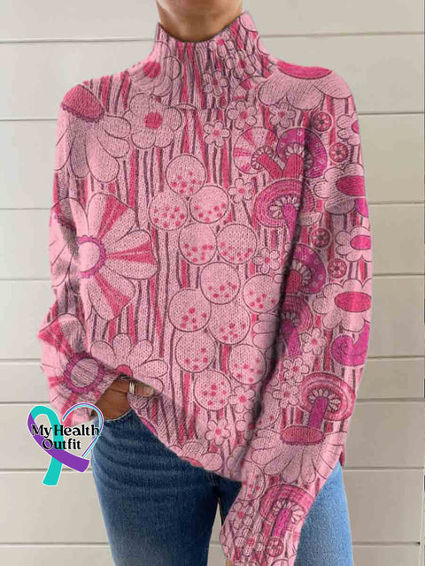 Breast Cancer Awareness Flora Art Print Knit Turtleneck Pullover Sweater Multicolor / S