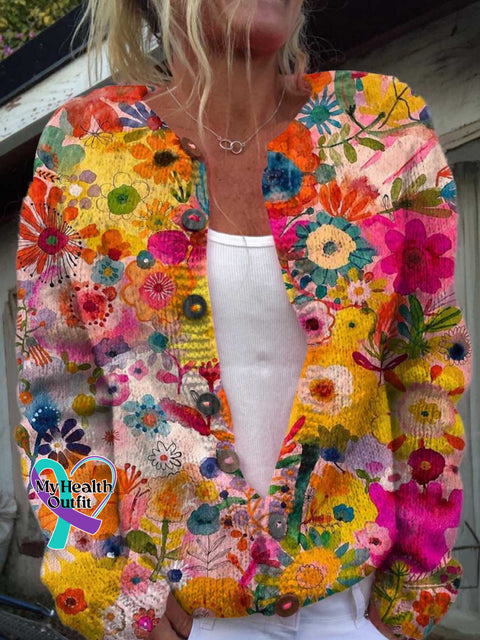 Breast Cancer Awareness Floral Art Print Buttoned Cardigan Sweater Multicolor / S