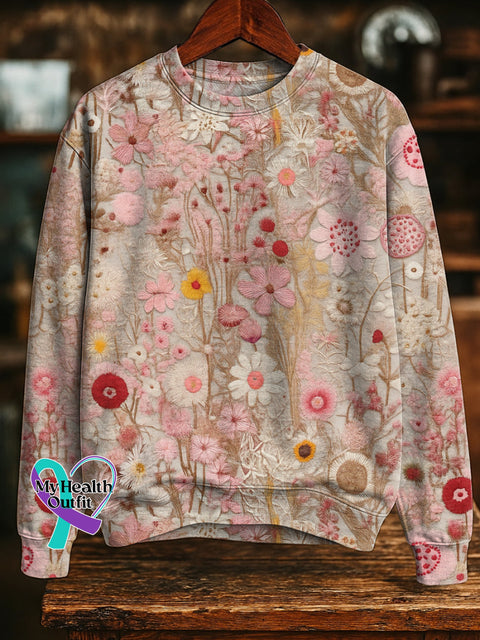 Breast Cancer Awareness Floral Casual Cotton Sweatshirt Multicolor / S