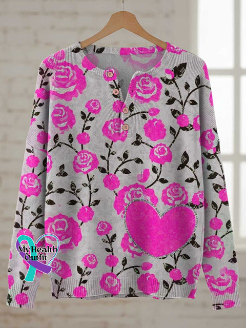 Breast Cancer Awareness Floral Heart Print Buttoned Cardigan Sweater Multicolor / S