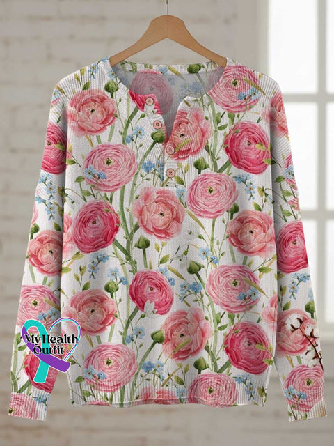 Breast Cancer Awareness Floral Print Buttoned Cardigan Sweater Multicolor / S