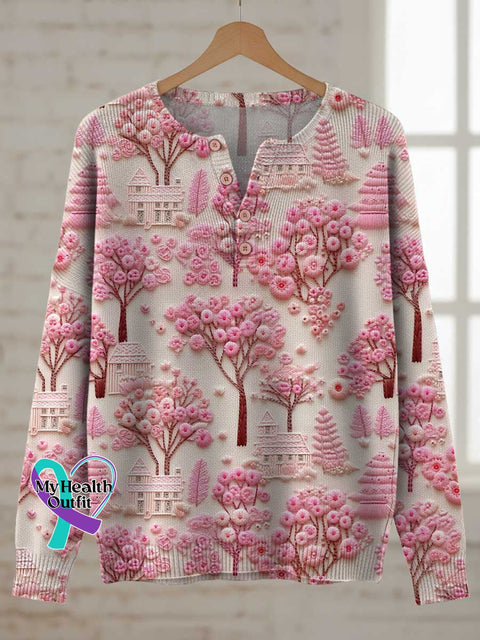 Breast Cancer Awareness Floral Print Buttoned Cardigan Sweater Multicolor / S