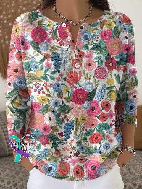 Breast Cancer Awareness Floral Print Buttoned Cardigan Sweater Multicolor / S