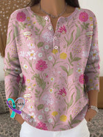 Breast Cancer Awareness Floral Print Buttoned Cardigan Sweater Multicolor / S