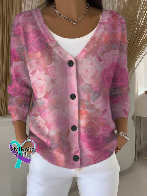 Breast Cancer Awareness Floral Print Buttoned V neck Cardigan Sweater Multicolor / S