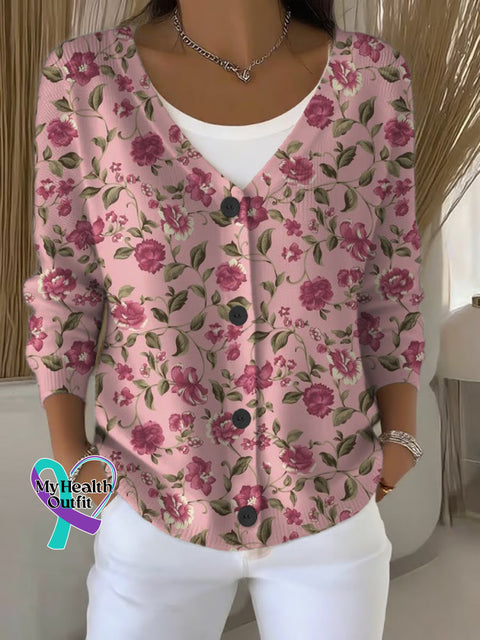 Breast Cancer Awareness Floral Print Buttoned V neck Cardigan Sweater Multicolor / S