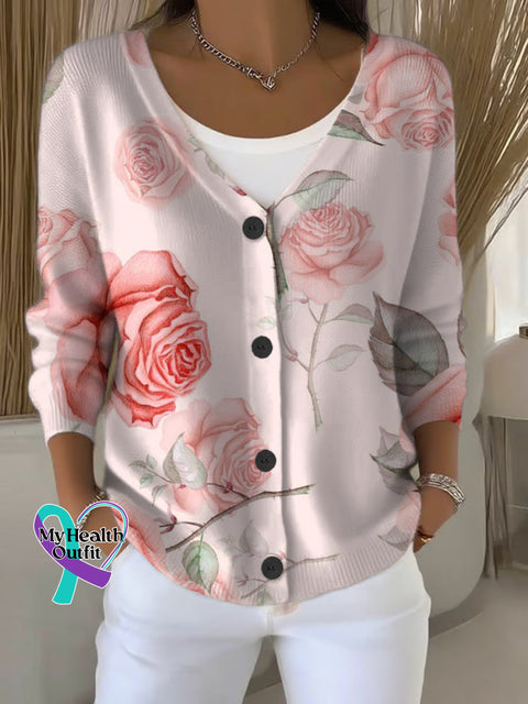Breast Cancer Awareness Floral Print Buttoned V-neck Cardigan Sweater Multicolor / S