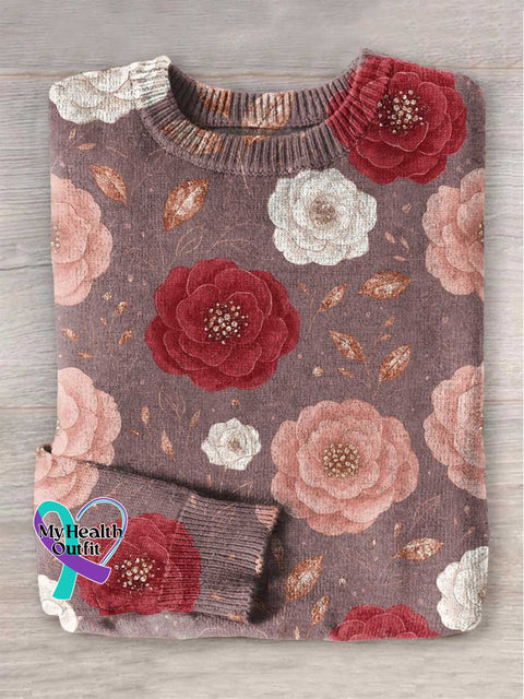 Breast Cancer Awareness Floral Print Knit Pullover Sweater Multicolor / S