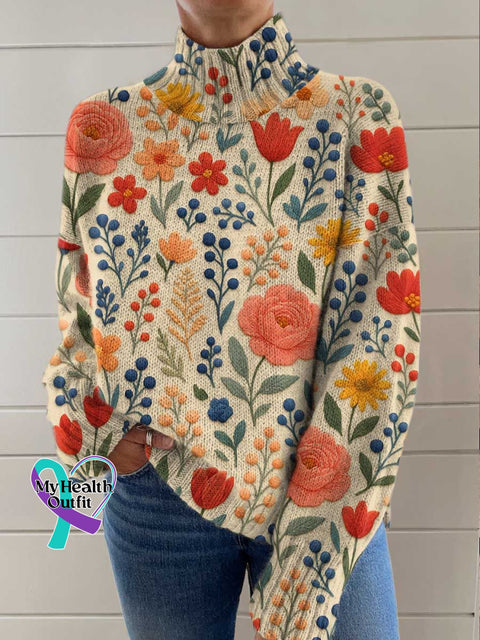 Breast Cancer Awareness Floral Print Knit Turtleneck Pullover Sweater Multicolor / S