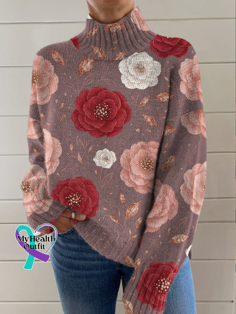 Breast Cancer Awareness Floral Print Knit Turtleneck Pullover Sweater Multicolor / S