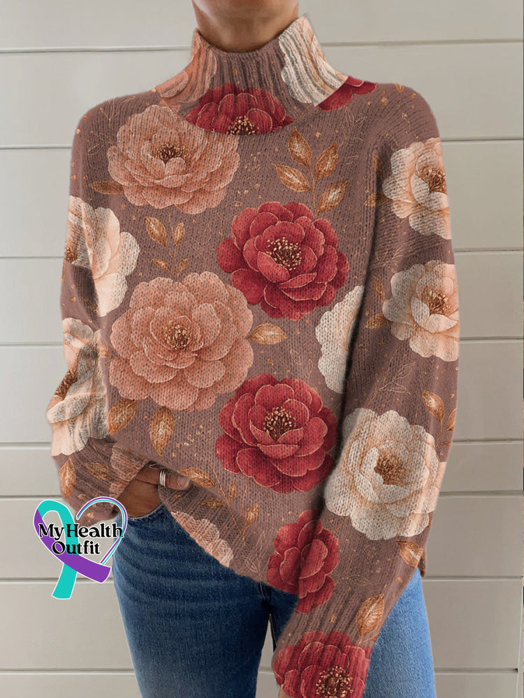 Breast Cancer Awareness Floral Print Knit Turtleneck Pullover Sweater Multicolor / S
