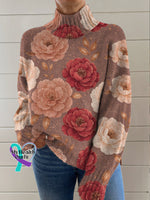 Breast Cancer Awareness Floral Print Knit Turtleneck Pullover Sweater Multicolor / S