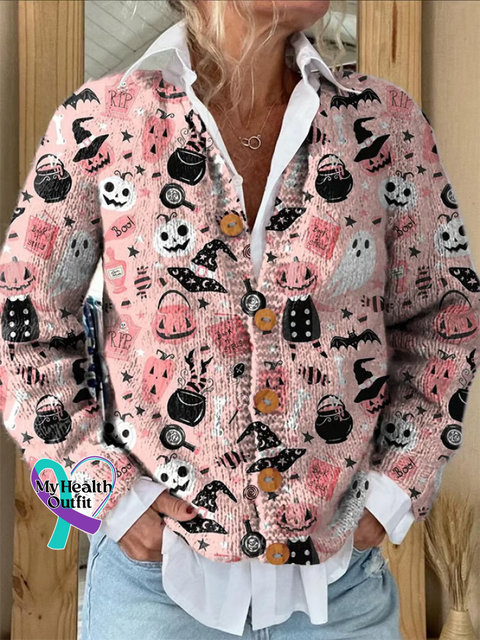 Breast Cancer Awareness Ghost Print Buttoned Cardigan Sweater Multicolor / S